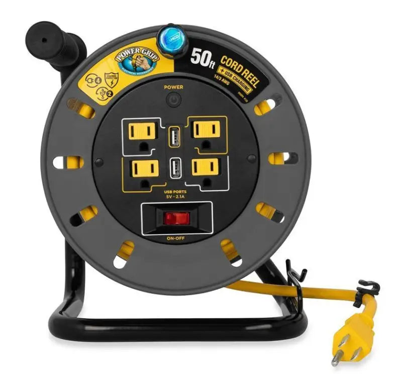 Gray and yellow Camco Powergrip Extension Cord Reel with outlets and USB ports