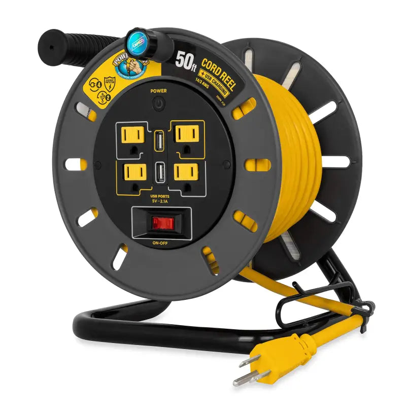 Yellow Camco Powergrip Extension Cord Reel 50 with multiple outlets for easy power access