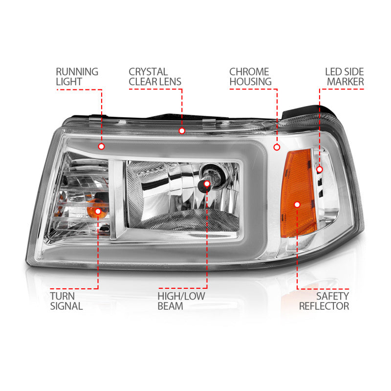 ANZO 111512 ANZO 2001-2011 Ford Ranger Crystal Headlights w/ Light Bar Chrome Housing