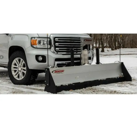 Silver snowplow attached to truck with blu elbow and speedfx -3an fitting