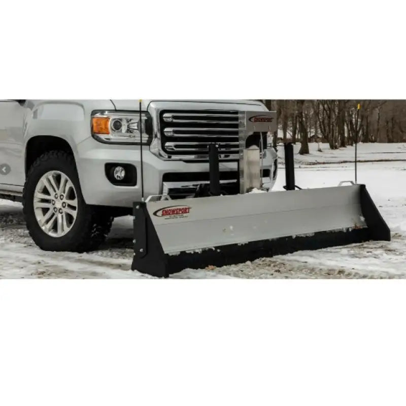 Silver snowplow attached to truck with blu elbow and speedfx -3an fitting