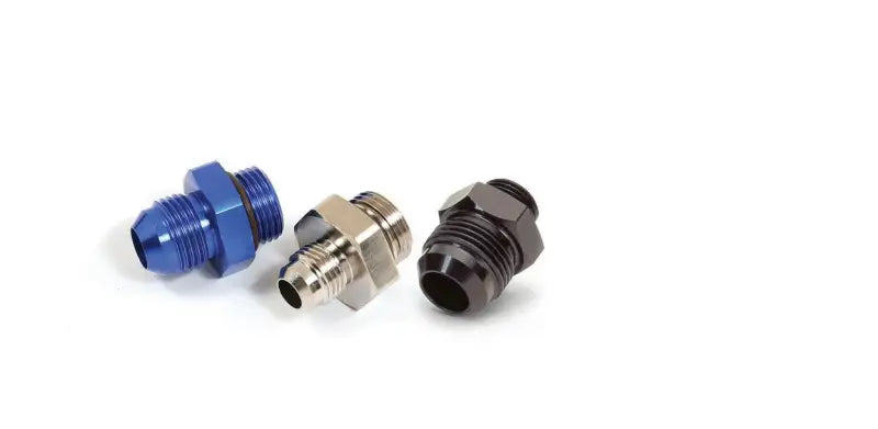 Three black anodized aluminum npt female pipe fittings for fluid transfer systems