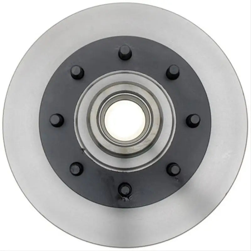Silver Raybestos brake rotor with black center and bolts for high-performance vehicles
