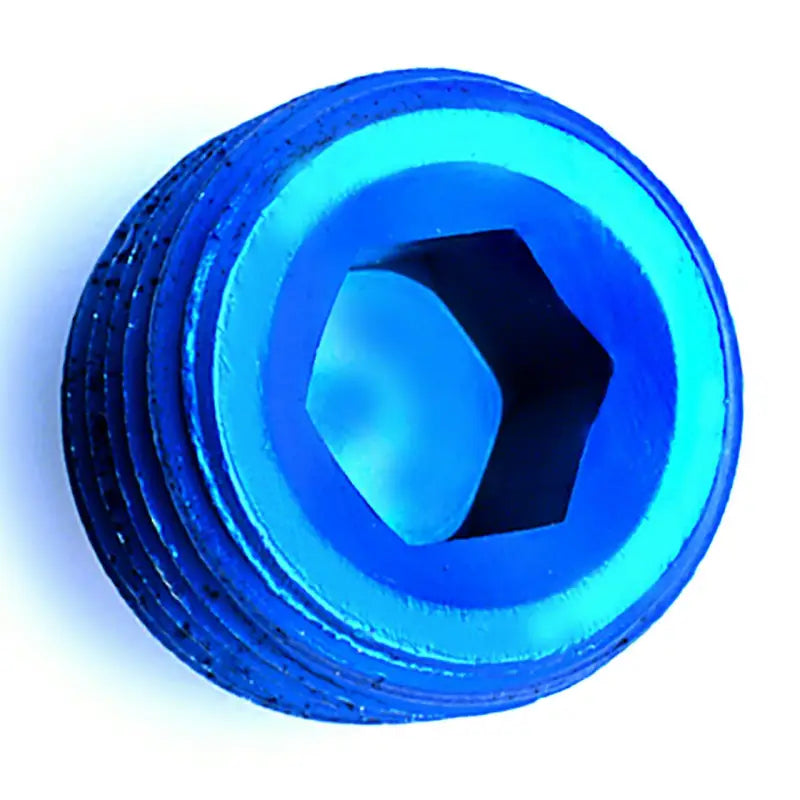 Blue metal threaded plug with hex allen socket for socket pipe fittings in Speedfx 3/8 inch