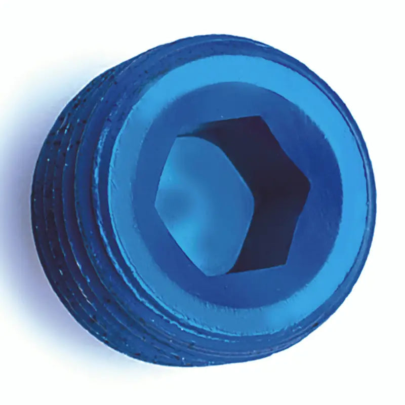 Blue metal threaded plug with hexagonal Allen socket for pipe fittings