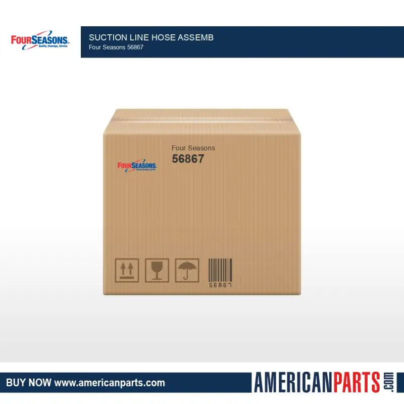 Cardboard box with shipping labels for 56867 Four Seasons Suction Line Hose Assembly