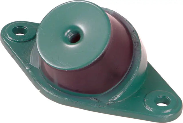 Green and maroon rubber motor mount with two holes for heavy duty watercraft applications