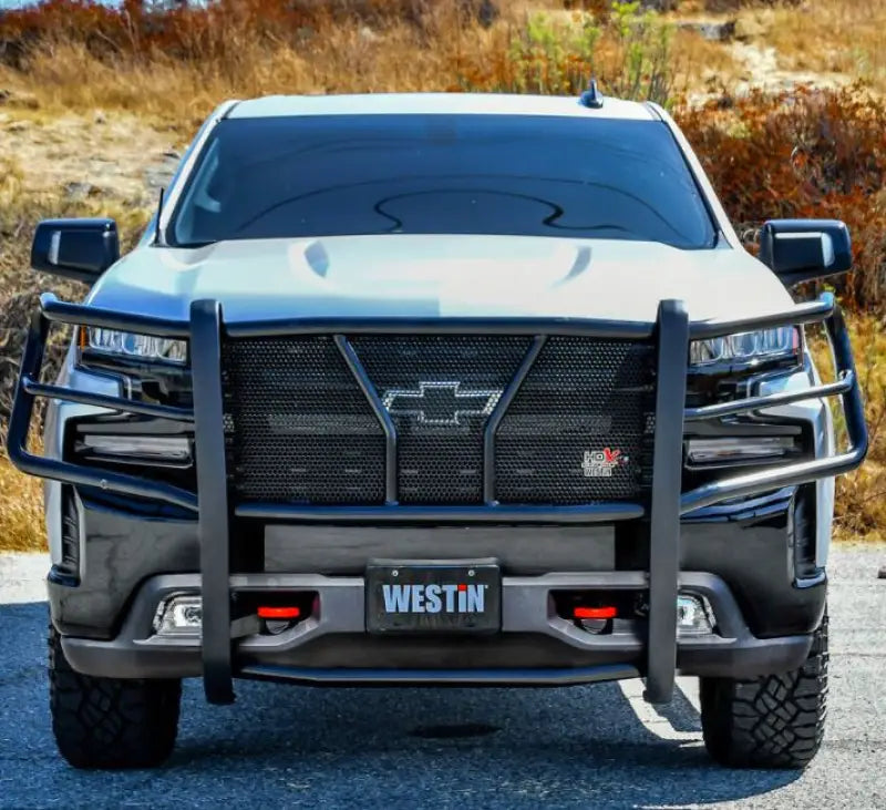 57-23960 Westin Hdx Modular Grille Guard on a black truck, providing rugged off-road protection for grille, headlights, and front bumper, ideal for RV, automotive, powersports, marine, and truck accessories, , AVADA - Best Sellers,Must Haves