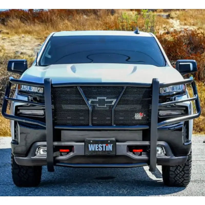 57-23960 Westin Hdx Modular Grille Guard on a black truck, providing rugged off-road protection for grille, headlights, and front bumper, ideal for RV, automotive, powersports, marine, and truck accessories, , AVADA - Best Sellers,Must Haves