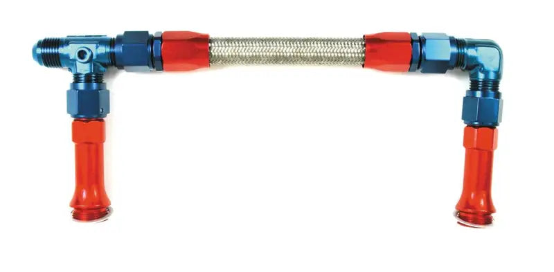 Braided stainless steel hose with red and blue fittings for dual inlet Holley 4150 -8AN