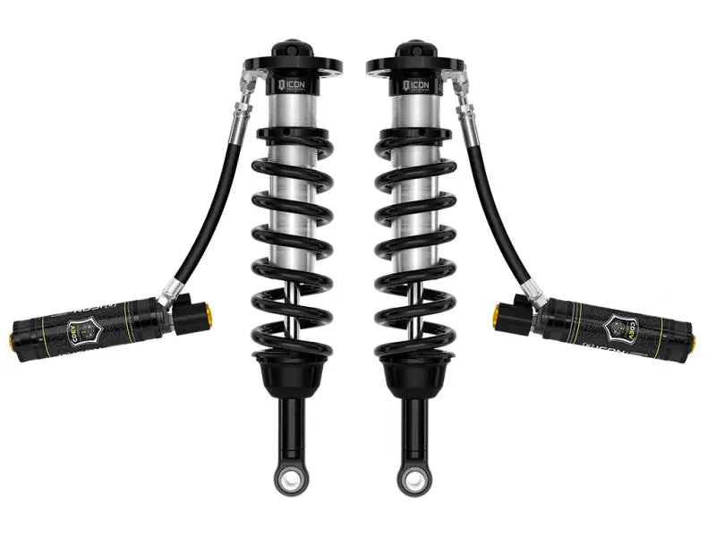 Two black and silver coilover shocks with external reservoirs for 58770E Icon Cdev Coilove Tundra RV parts & accessories