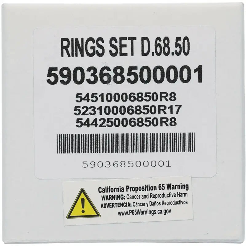 White box with RINGS SET D.68.50 label for piston rings for Vertex pistons