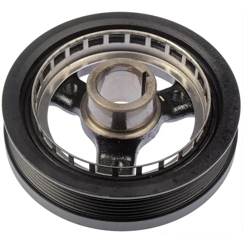 Black metal harmonic balancer on Dorman Pulley ensures smooth engine performance