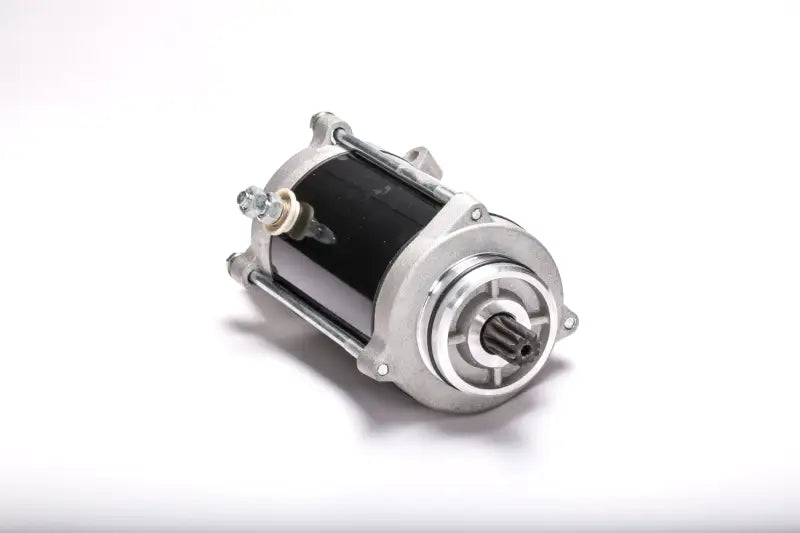 Starter motor with black cylindrical body and splined shaft for RV and truck parts