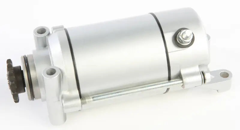 Silver-colored motorcycle starter motor with gear sprocket, OEM specs, perfect RV parts & accessories