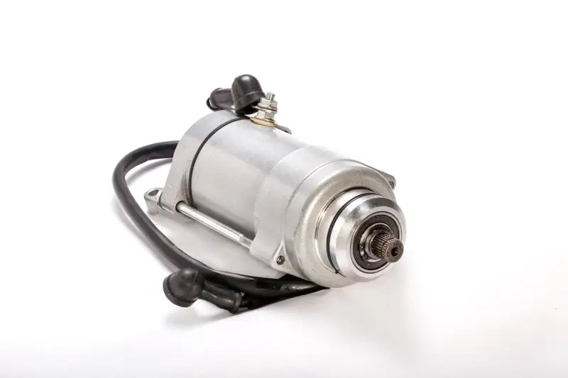 Silver electric starter motor with black cable for 61-401, meets OEM specs, one-year warranty