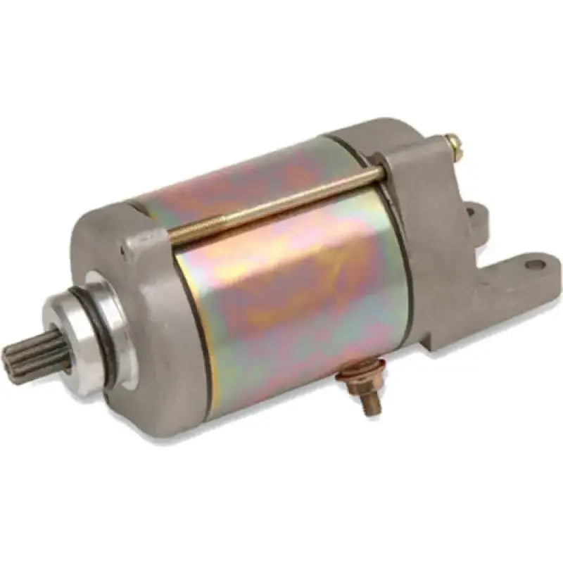 Metallic cylindrical starter motor with mounting bracket for RV and truck parts