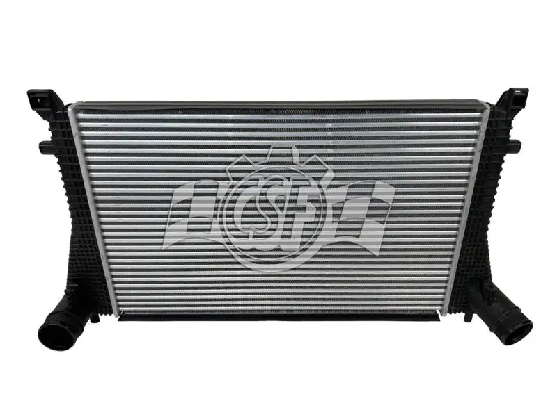 Silver and black intercooler with hose connections for CSF radiator, for optimal engine temp