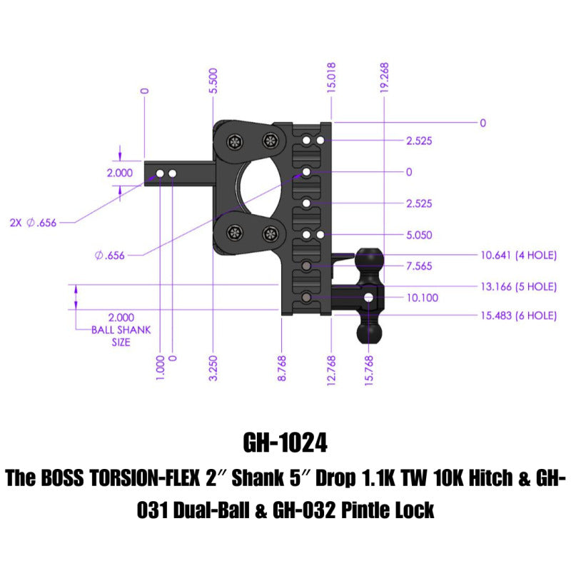 GEN-Y Hitch GH-1024 Gen Y The Boss TorsionFlex 2In Shank 5In Drop 10K Hitch w/ GH-031 Dual-Ball / GH-032 Pintle Lock