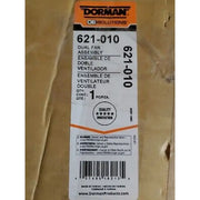Dorman dual fan assembly label for 621-010 featuring dual fan and fan assembly info