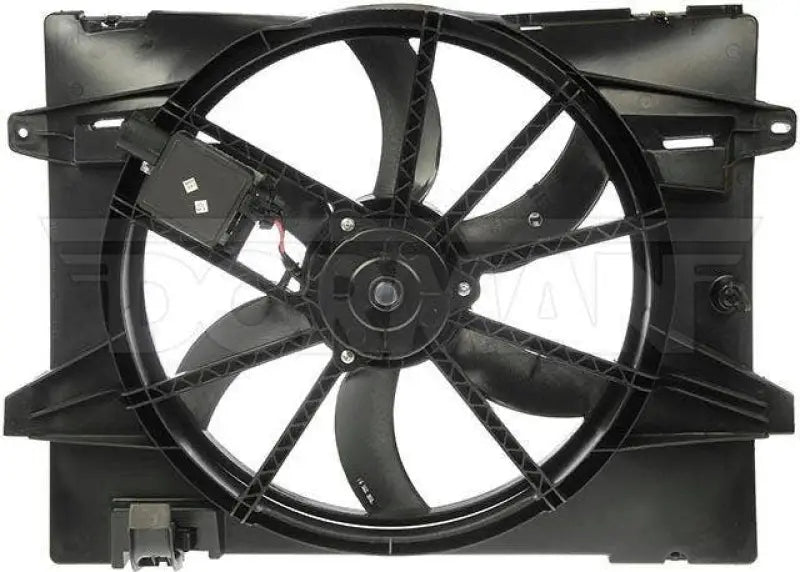 Black plastic Dorman dual fan assembly for radiator fan replacement