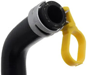 Black Dorman engine heater hose with metal clamp and yellow pull for heater hose assembly