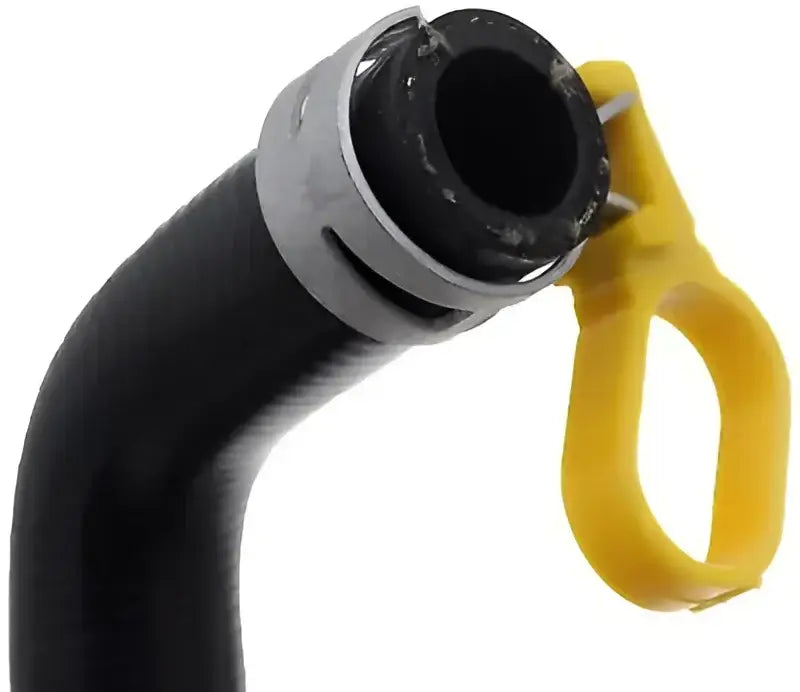 Black Dorman engine heater hose with metal clamp and yellow pull for heater hose assembly