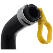Black Dorman engine heater hose with metal clamp and yellow pull for heater hose assembly