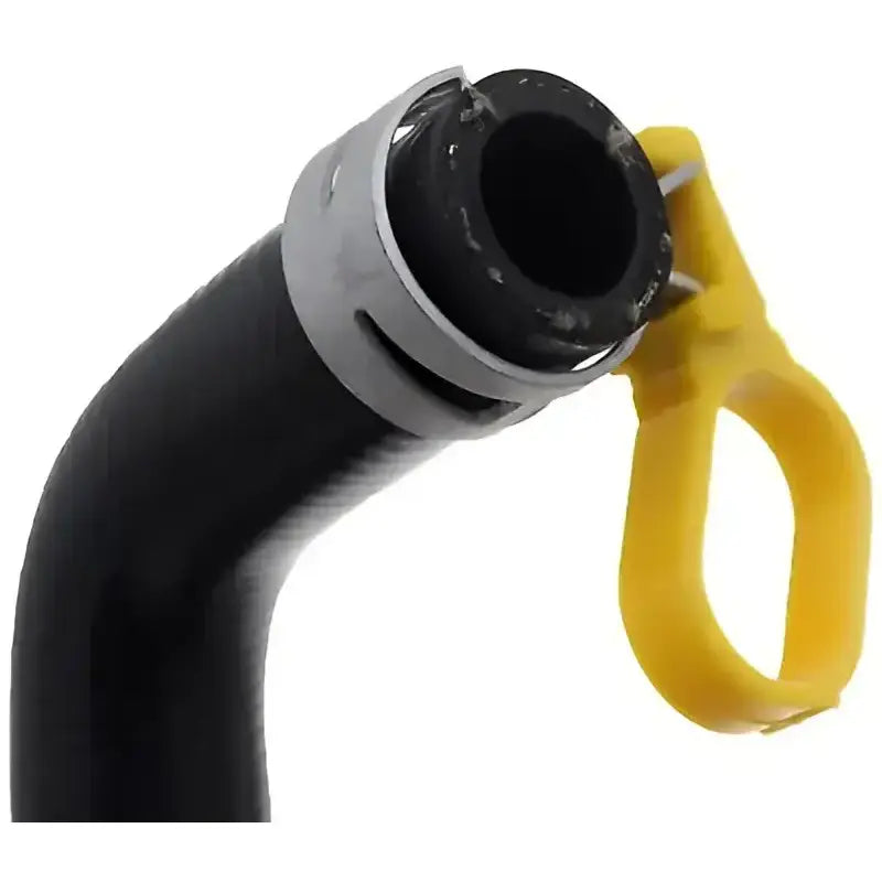 Black Dorman engine heater hose with metal clamp and yellow pull for heater hose assembly
