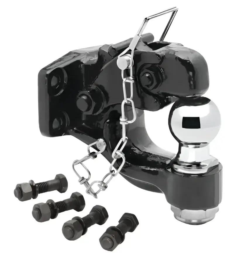 Draw Tite Pintle Hook with 2' Diameter Ball, durable black finish, includes mounting hardware.