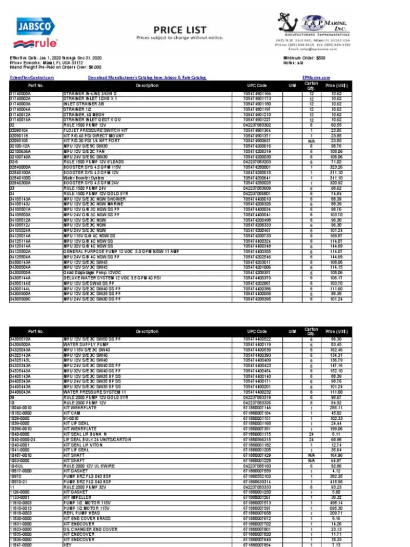 Price list for 6303-0007-24 Jabsco Impeller Bulk 24 Units/Carton