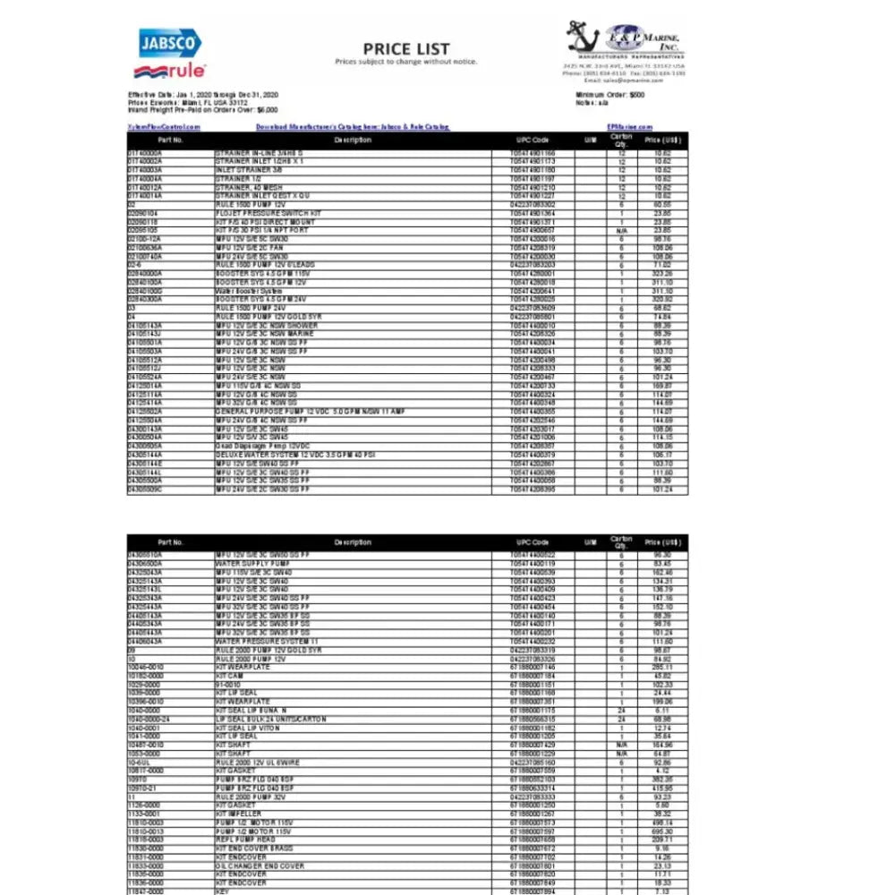 Price list for 6303-0007-24 Jabsco Impeller Bulk 24 Units/Carton