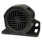 Black backup alarm with star warning square grill and wire connection for safety device