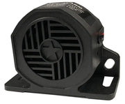 Black backup alarm with star warning square grill and wire connection for safety device