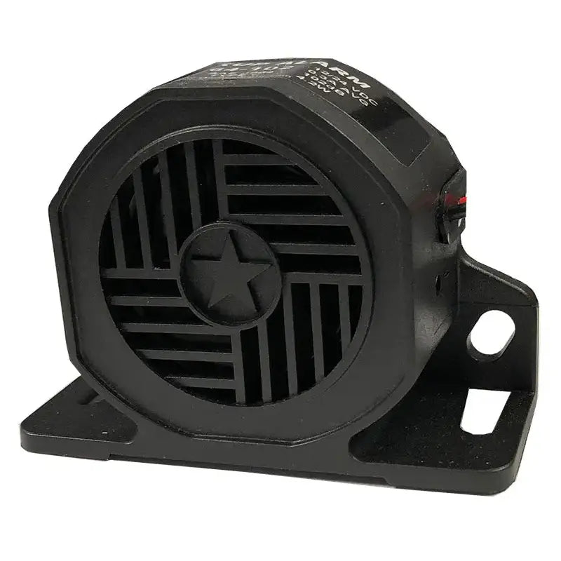 Black backup alarm with star-shaped grill for wire connection in Star Warning Square series