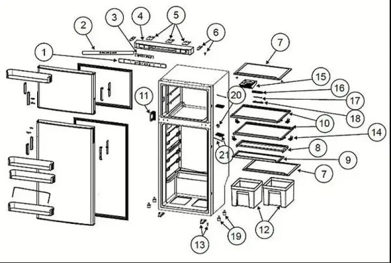 Exploded view of a refrigerator showing Norcold shelf mounting clip for easy shelf mounting