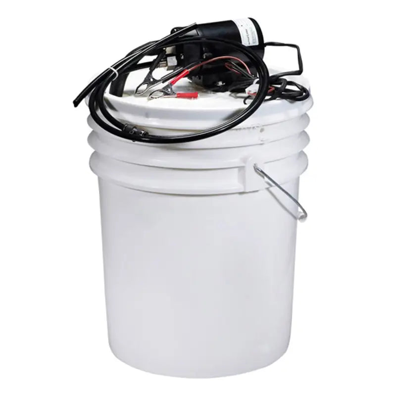 65000 Johnson Pump Oil Change Kit with 12V Pump and Pail for boats, RVs, and equipment. Includes a white pail and black pump with cables.