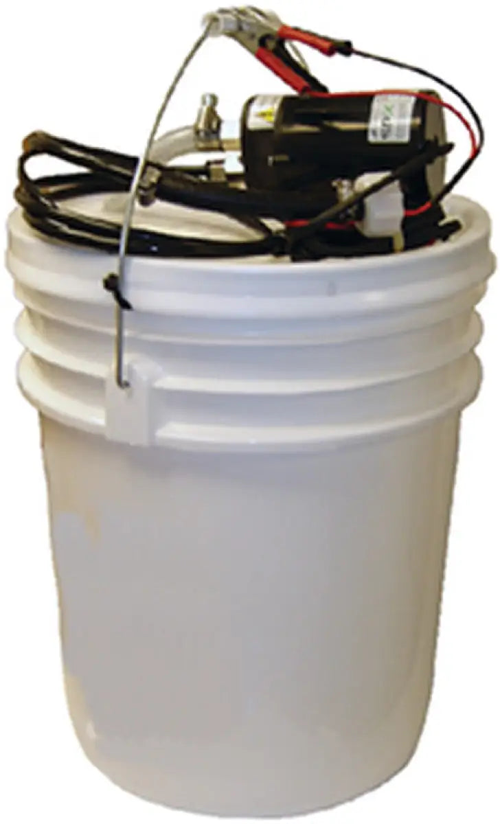 65000 Johnson Pump Oil Change Kit with 12V Pump and sturdy pail for boats, RVs, and other equipment.