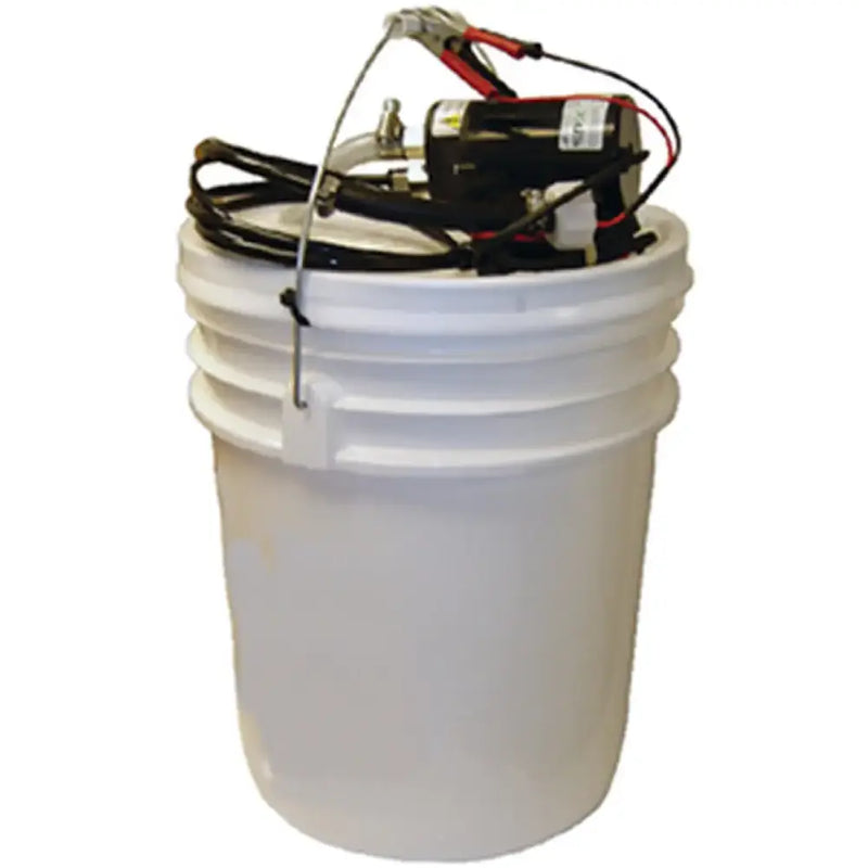 65000 Johnson Pump Oil Change Kit with 12V Pump and sturdy pail for boats, RVs, and other equipment.