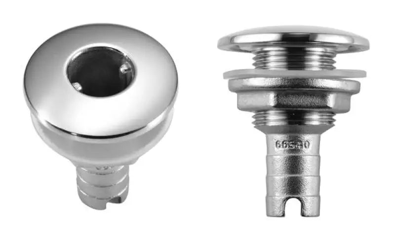 Shiny stainless steel drain fitting with threaded nipple end for water drainage on Attwood Marine