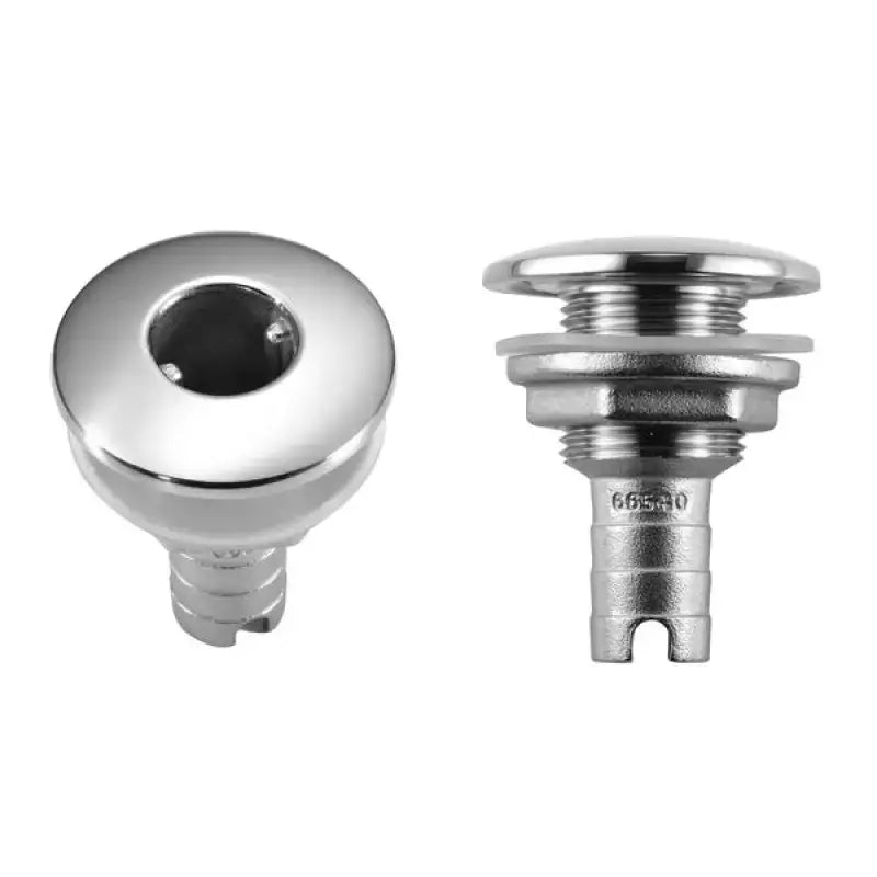 Shiny stainless steel drain fitting with threaded nipple end for water drainage on Attwood Marine