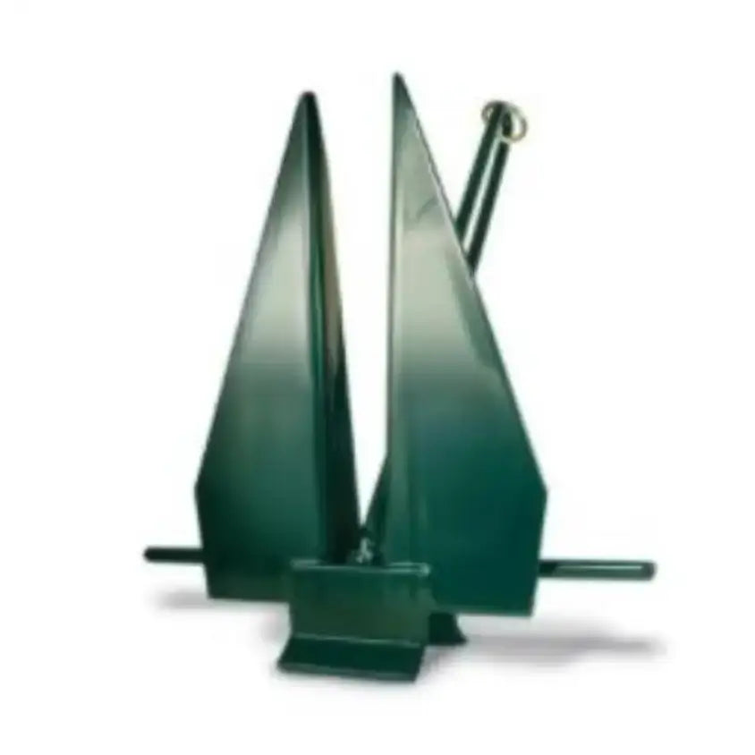 Green metal boat anchor with fluke slip ring for secure holding in Greenfield Fluke Slip