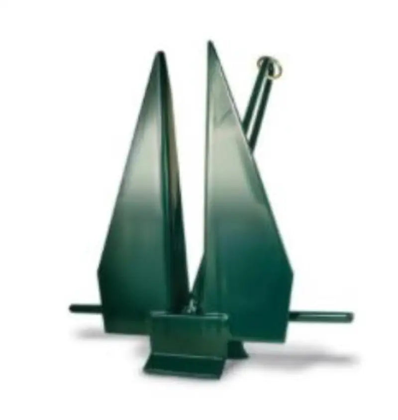 Green metal boat anchor with fluke slip ring for secure holding in Greenfield Fluke Slip