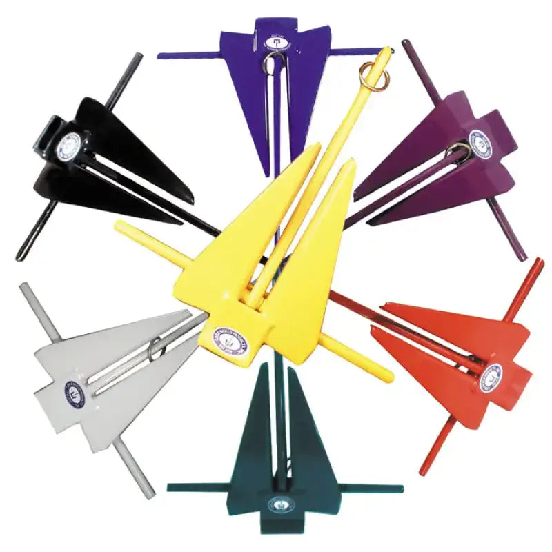 Colorful array of boat anchors with 669-11-Y Greenfield Fluke Slip Ring Yellow