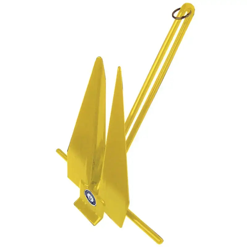 Yellow-painted boat anchor with 669-11-Y Greenfield fluke slip ring for easy docking