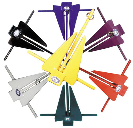 Colorful array of boat anchors with 669-11-Y Greenfield Fluke Slip Ring Yellow