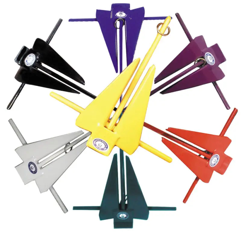 Colorful array of boat anchors with 669-11-Y Greenfield Fluke Slip Ring Yellow