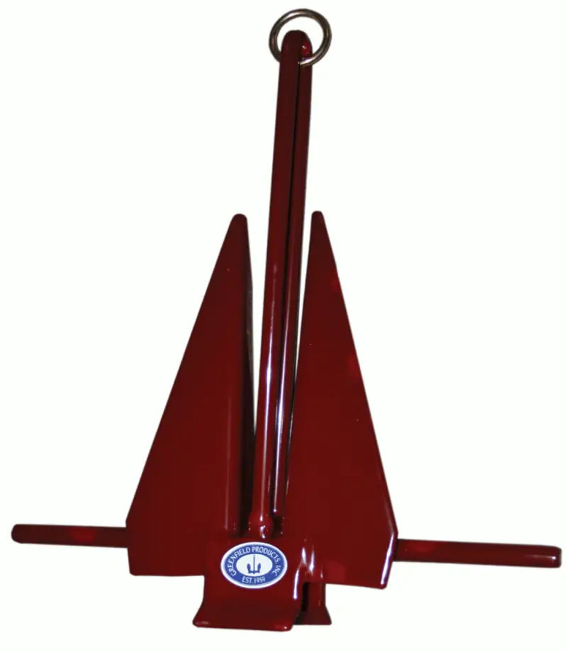 Red painted boat anchor with 669-6-RD Greenfield fluke slip ring for secure holding