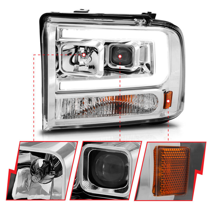 ANZO 111552 ANZO 99-04 Ford F250/F350/F450/Excursion (excl 99) Projector Headlights - w/Light Bar Chrome Housing