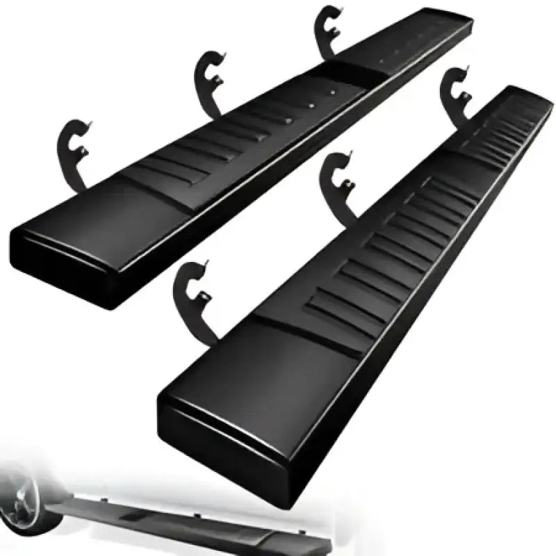 Black truck running boards for Ford Transit with roof rack for carrying oversized equipment
